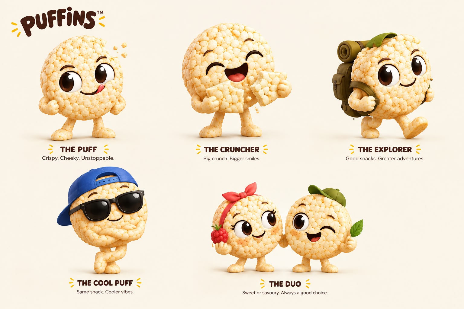 The Puffins character lineup: The Puff, The Cruncher, The Explorer, The Cool Puff, and The Duo