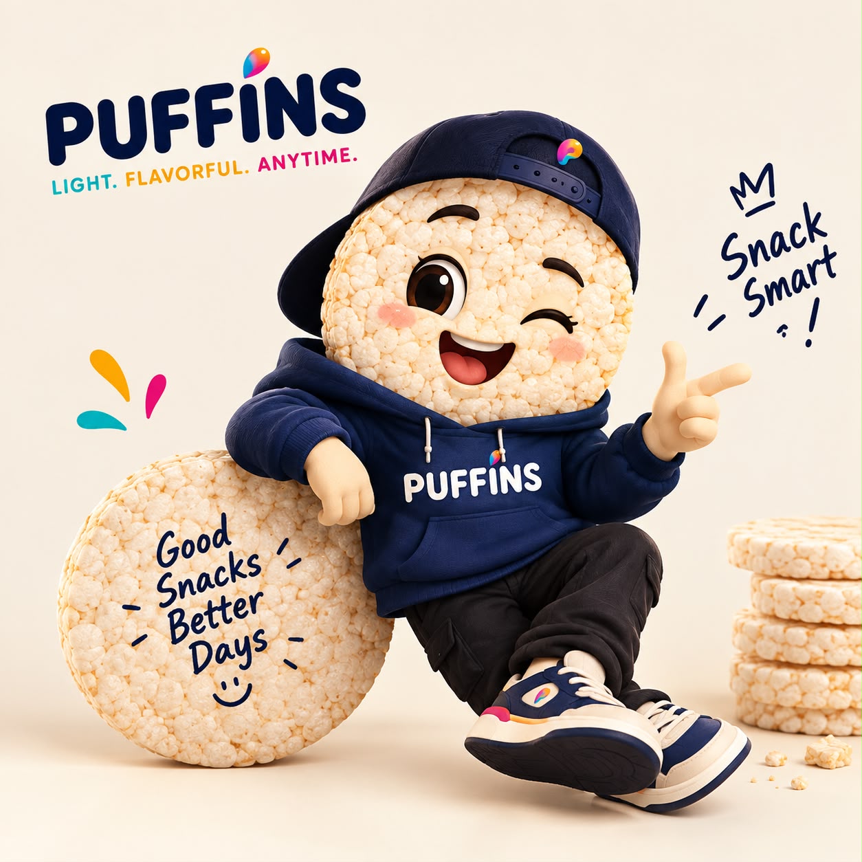 Puffins mascot leaning on a giant rice cake, surrounded by the Puffins logo and stacked rice cakes